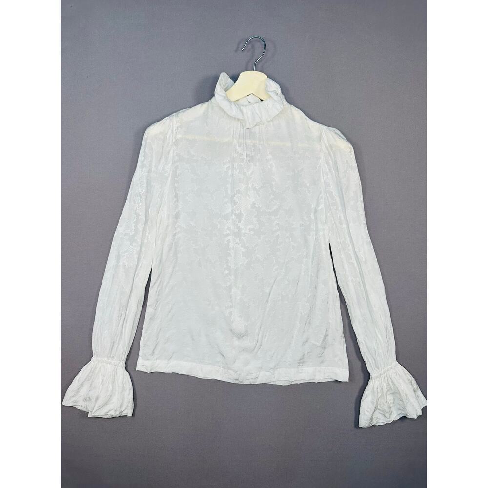 TOPSHOP White Ruffle Neck and Cuff Victorian Blouse Top with Back Neck Tie Sz 2